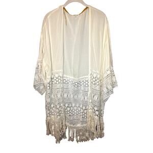 Crotchet Cream Fringe Sheer Robe XL Duster Kimono Boho Earthy Hippie Festival